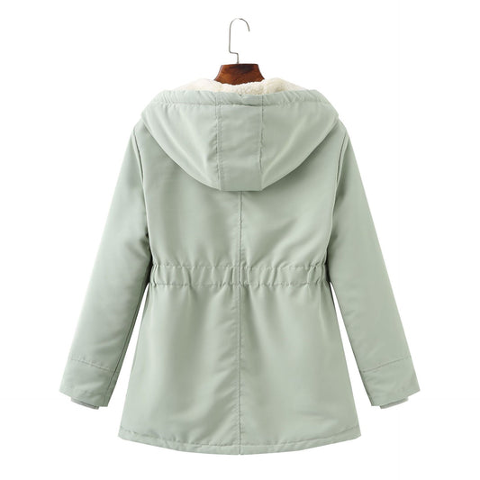 Ladies Hooded Lambswool Parka Winter Warm Waist Women Cotton-Padded Coat - Iyanka
