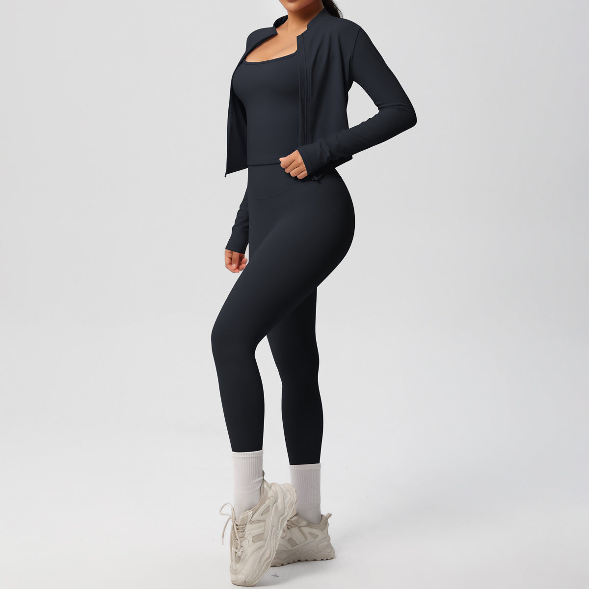 Skinny Yoga Pants High Waist Nude Feel Camisole Sports Zip Long Sleeve Coat Workout Clothes Three Piece Set - Iyanka