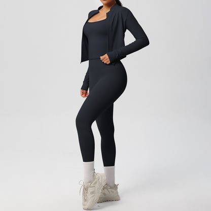 Skinny Yoga Pants High Waist Nude Feel Camisole Sports Zip Long Sleeve Coat Workout Clothes Three Piece Set - Iyanka