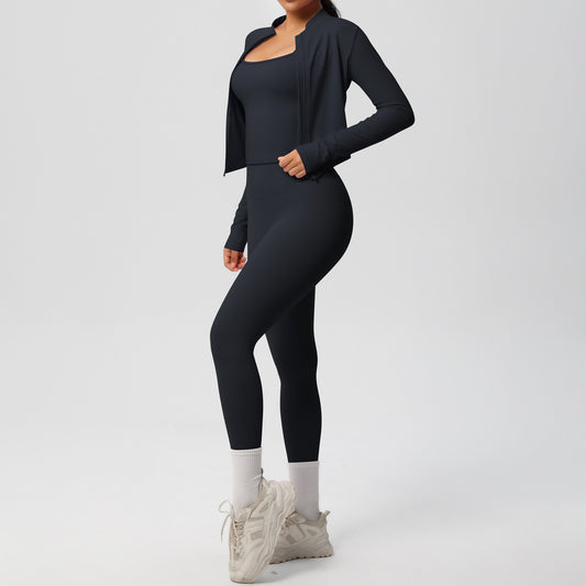 Skinny Yoga Pants High Waist Nude Feel Camisole Sports Zip Long Sleeve Coat Workout Clothes Three Piece Set - Iyanka