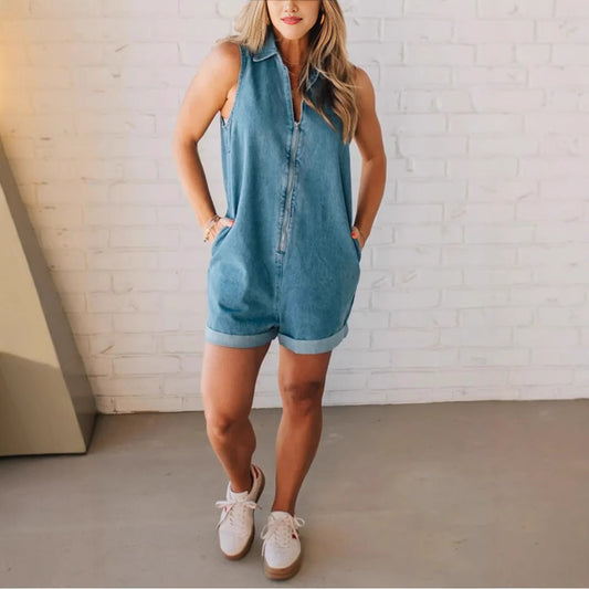 Women Wear Solid Color Polo Collar Sleeveless Zipper Denim Jumpsuit - Iyanka