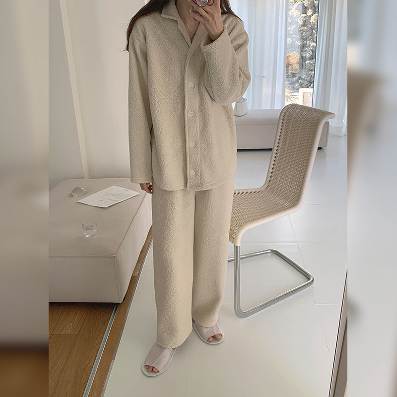 Korean Autumn Winter Lamb Wool Home Wear Suit High Grade Collared Cardigan Teddy Plush Thick Thermal Pajamas - Iyanka