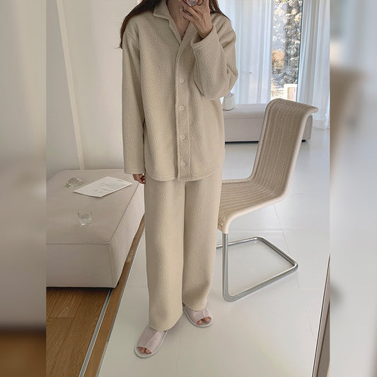 Korean Autumn Winter Lamb Wool Home Wear Suit High Grade Collared Cardigan Teddy Plush Thick Thermal Pajamas - Iyanka