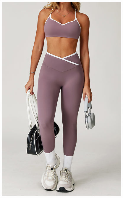 Nude Feel Skinny Yoga Pants Cross High Waist Contrast Color Tights Women Sports Running Fitness Pants - Iyanka