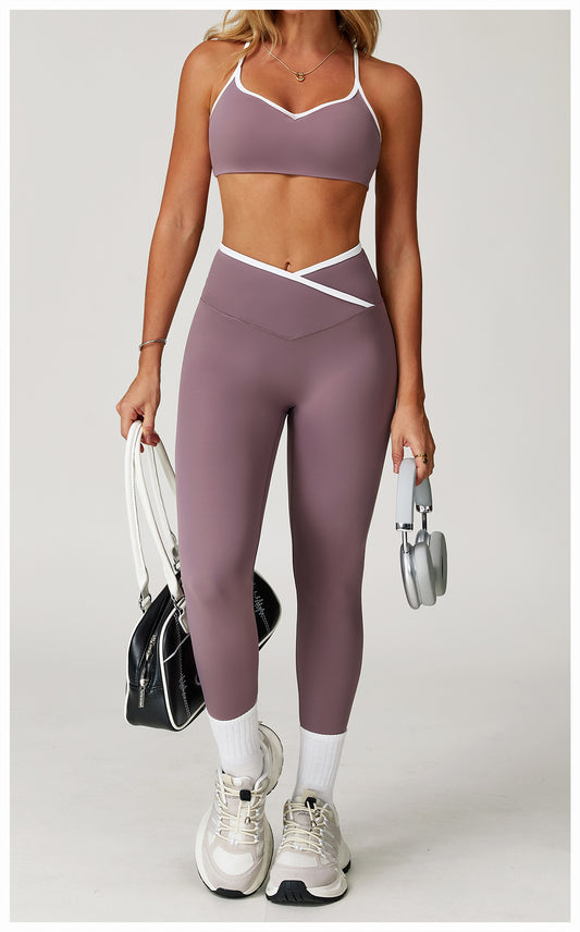Nude Feel Skinny Yoga Pants Cross High Waist Contrast Color Tights Women Sports Running Fitness Pants - Iyanka