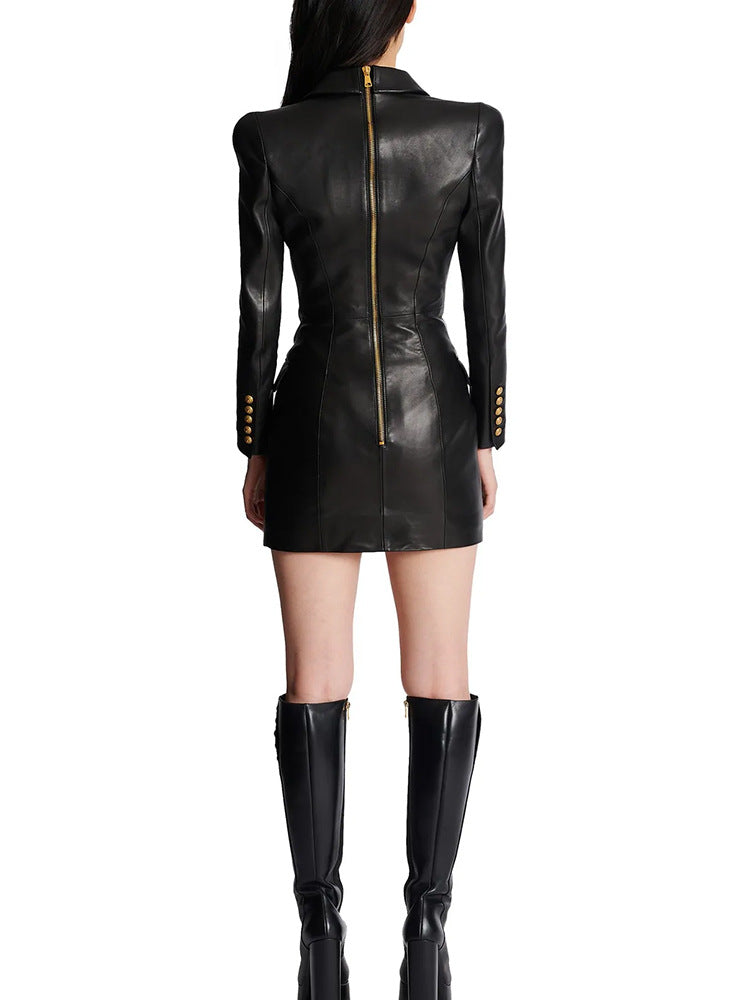Women Slim Hip Double Breasted Faux Leather Dress - Iyanka