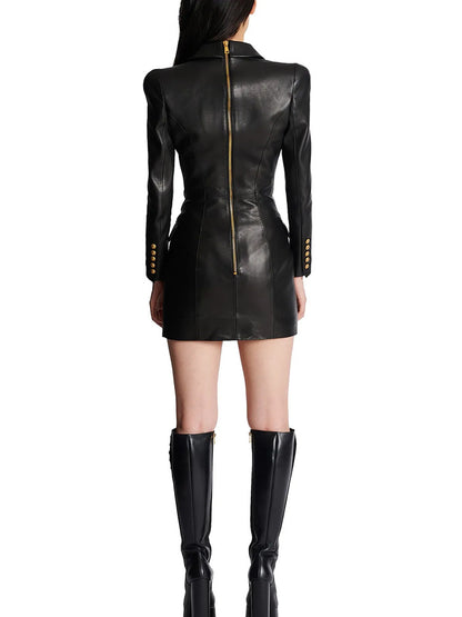 Women Slim Hip Double Breasted Faux Leather Dress - Iyanka