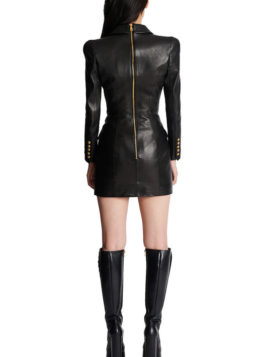 Women Slim Hip Double Breasted Faux Leather Dress - Iyanka