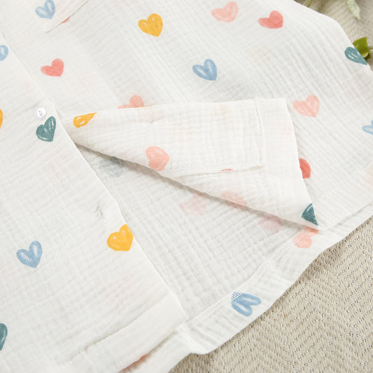 Summer Layer Crepe Heart Printing Pajamas Two Piece Cardigan Half Sleeve Shorts Women Homewear - Iyanka