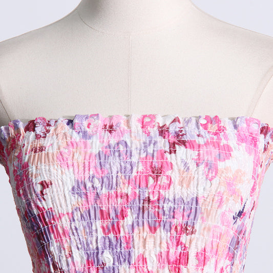 Seaside Beach Vacation Summer Tube Top Floral Print Slim Fit Ruffled Dress for Women