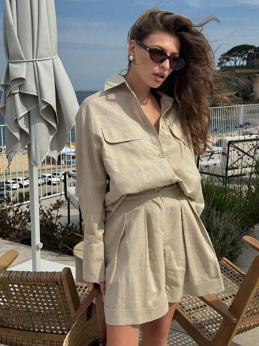 Cotton Long Sleeved Shirt Shorts Women Summer Loose Breathable Casual Two Piece Sets - Iyanka