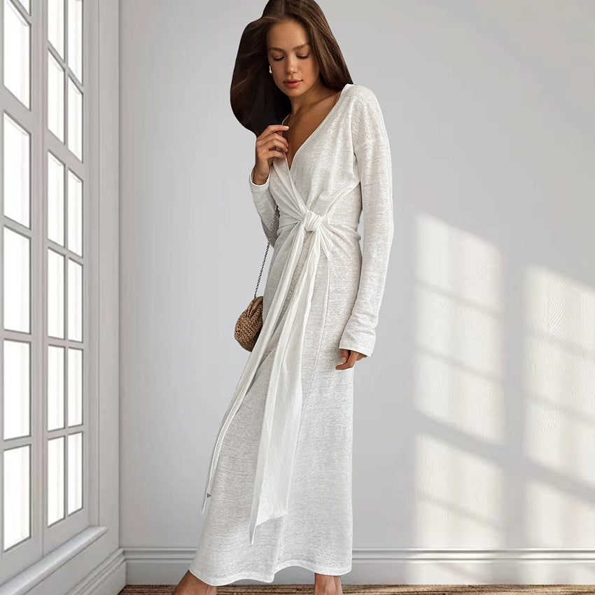 Autumn Comfort Loose Knitted Nightgown Breathable Long Sleeves Lace up Soft Outerwear Homewear - Iyanka
