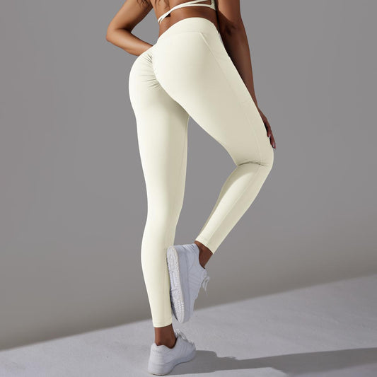 Solid Color Nude Feel Skin Friendly Cross Waist Pocket Yoga Pants High Waist Hip Lift Stretch Fitness Sports Ninth Pants - Iyanka