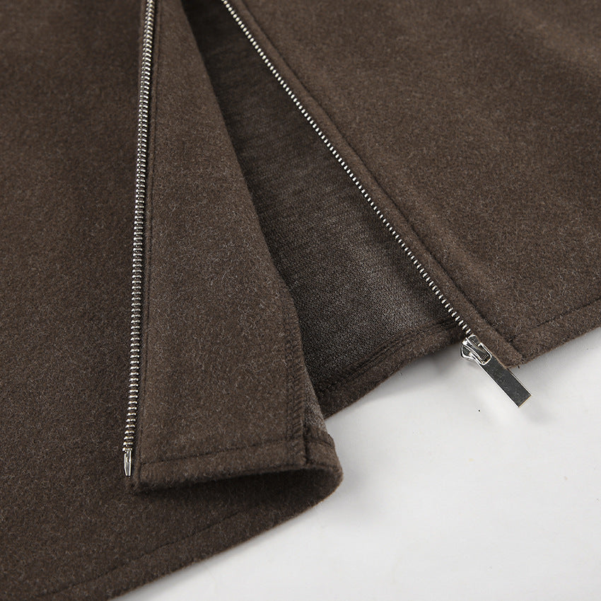 Autumn Winter Polo Collar Long Sleeve Zipper Woolen Coat Loose Casual Women Jacket - Iyanka