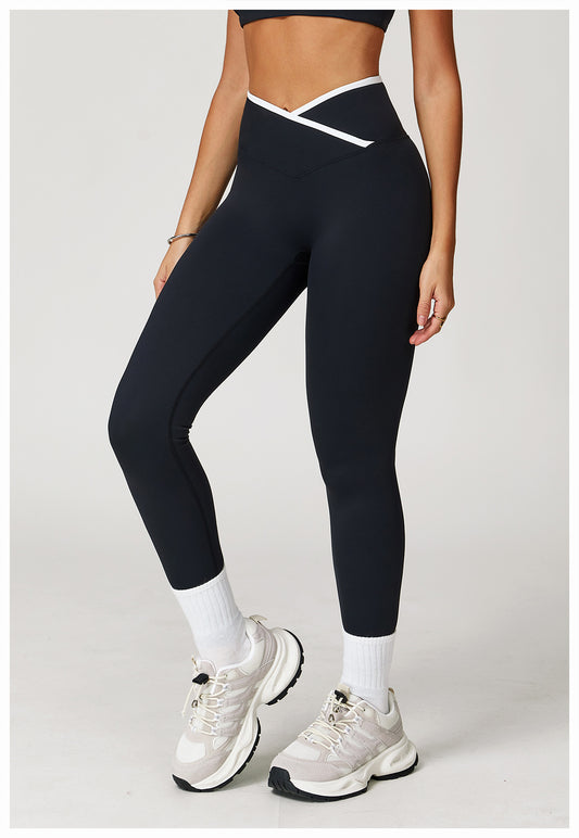 Nude Feel Skinny Yoga Pants Cross High Waist Contrast Color Tights Women Sports Running Fitness Pants - Iyanka
