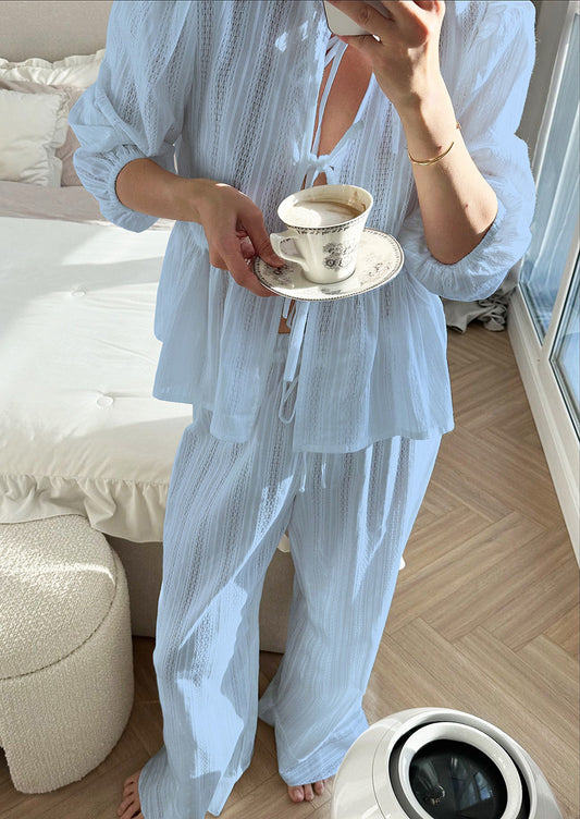 Autumn Winter Loose Comfortable Cotton Hollow Out Cutout out Long Sleeved Trousers Pajamas Ladies Homewear - Iyanka
