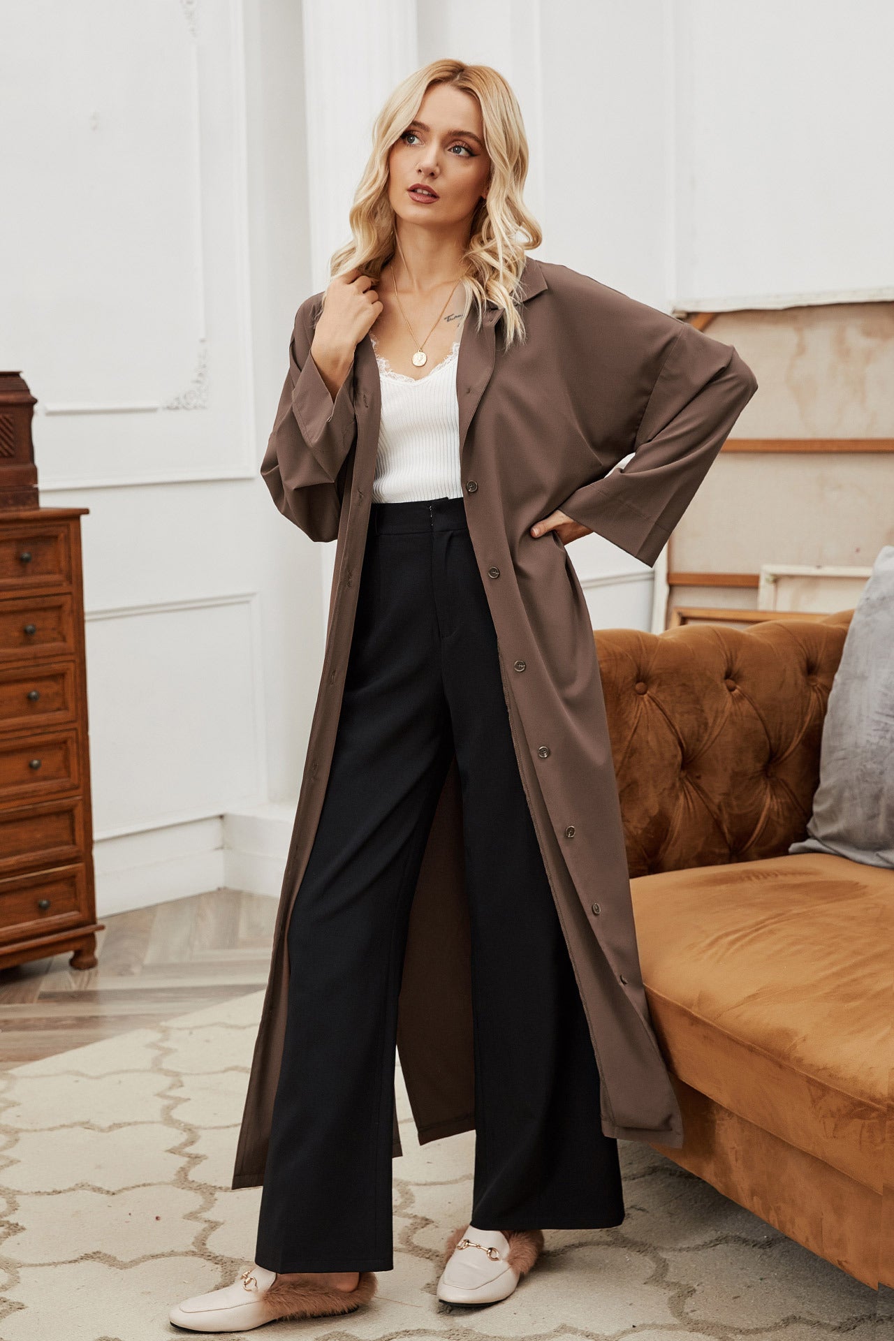 Autumn Winter Women Belt Single-Breasted Collared Large Swing Overknee Long Solid Color Coat - Iyanka