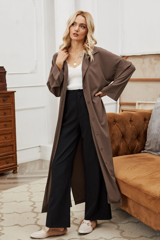Autumn Winter Women Belt Single-Breasted Collared Large Swing Overknee Long Solid Color Coat - Iyanka