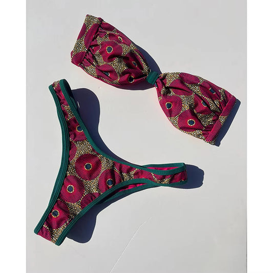 Retro Printed Bikini Tube Top Sexy High Waist Split Swimsuit Bikini Women - Iyanka