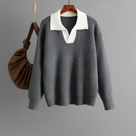 Autumn Winter Knitted Top Women Color Matching Polo Collar Loose Pullover Sweater Outerwear Sweater - Iyanka