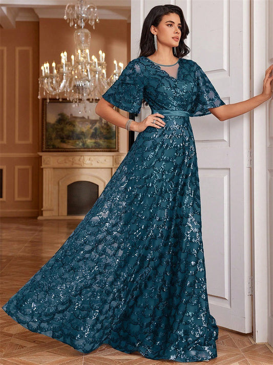 Sequin A line Elegant Square Collar Short Sleeve Party Dress Boning Corset Waist-Tight Dinner Ball Gown - Iyanka