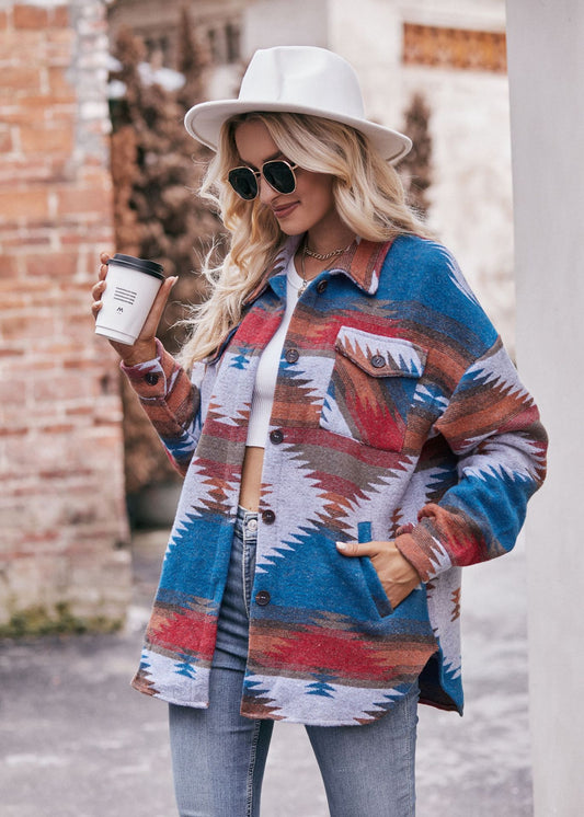Women Autumn Winter Aztec Geometric Abstract Jacket Shirt Collared Woolen Coat - Iyanka
