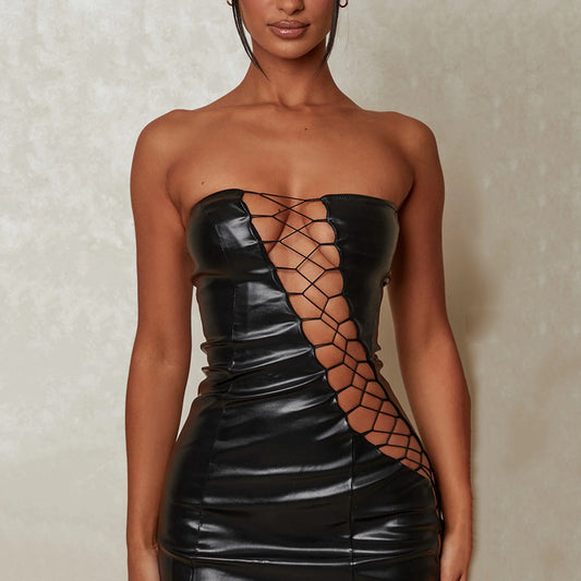 Women Clothing Summer Sexy Tube Top Lace up Waist Controlled Hip Women Dress - Iyanka