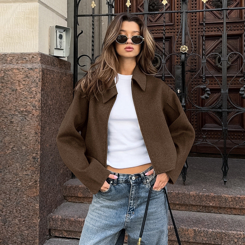 Autumn Winter Polo Collar Long Sleeve Zipper Woolen Coat Loose Casual Women Jacket - Iyanka