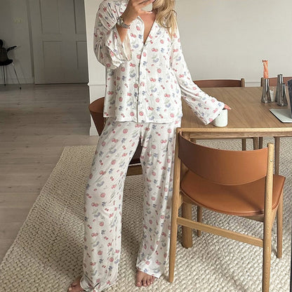 Autumn Knitted Cardigan Heart Printing Pajamas Two Piece Set Casual Comfortable Ladies Homewear - Iyanka