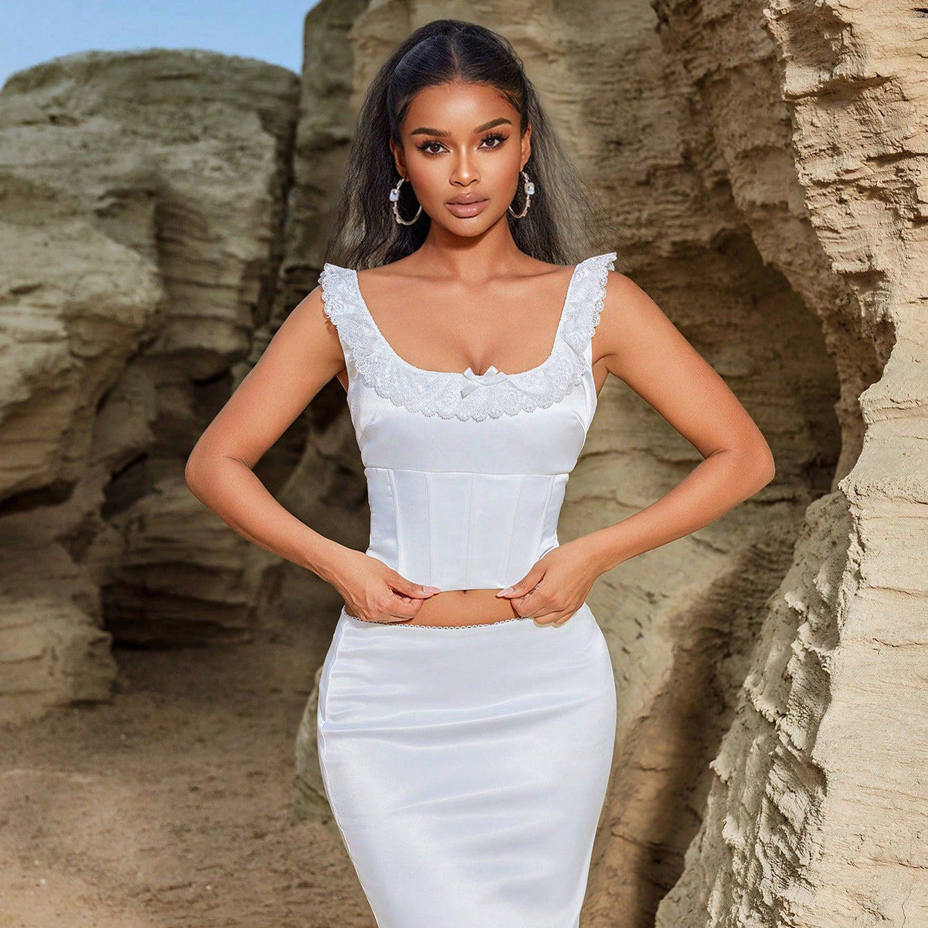 Summer Lace Maxi Dress Sleeveless Back Tied Top Exquisite Elegant Slim Small Trailing Skirt Set - Iyanka