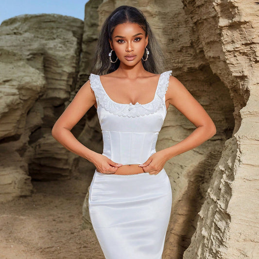 Summer Lace Maxi Dress Sleeveless Back Tied Top Exquisite Elegant Slim Small Trailing Skirt Set - Iyanka