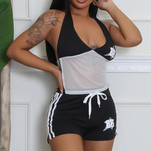 Women Clothing Exposed Cropped Hollowed Contrast Color Backless Lace up Vest Shorts Two Piece Sets - Iyanka
