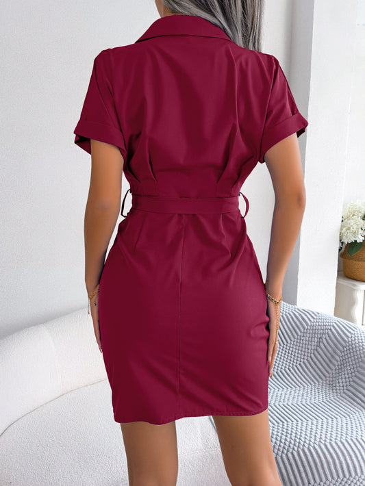 Summer Casual Solid Color Batwing Sleeve Waist Tight Folding Shirt Dress Women Clothing