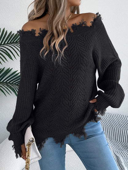 Autumn Winter Solid Color Hollow Out Cutout out Long Sleeve Cut off Shoulder Pullover Sweater Women Clothing - Iyanka