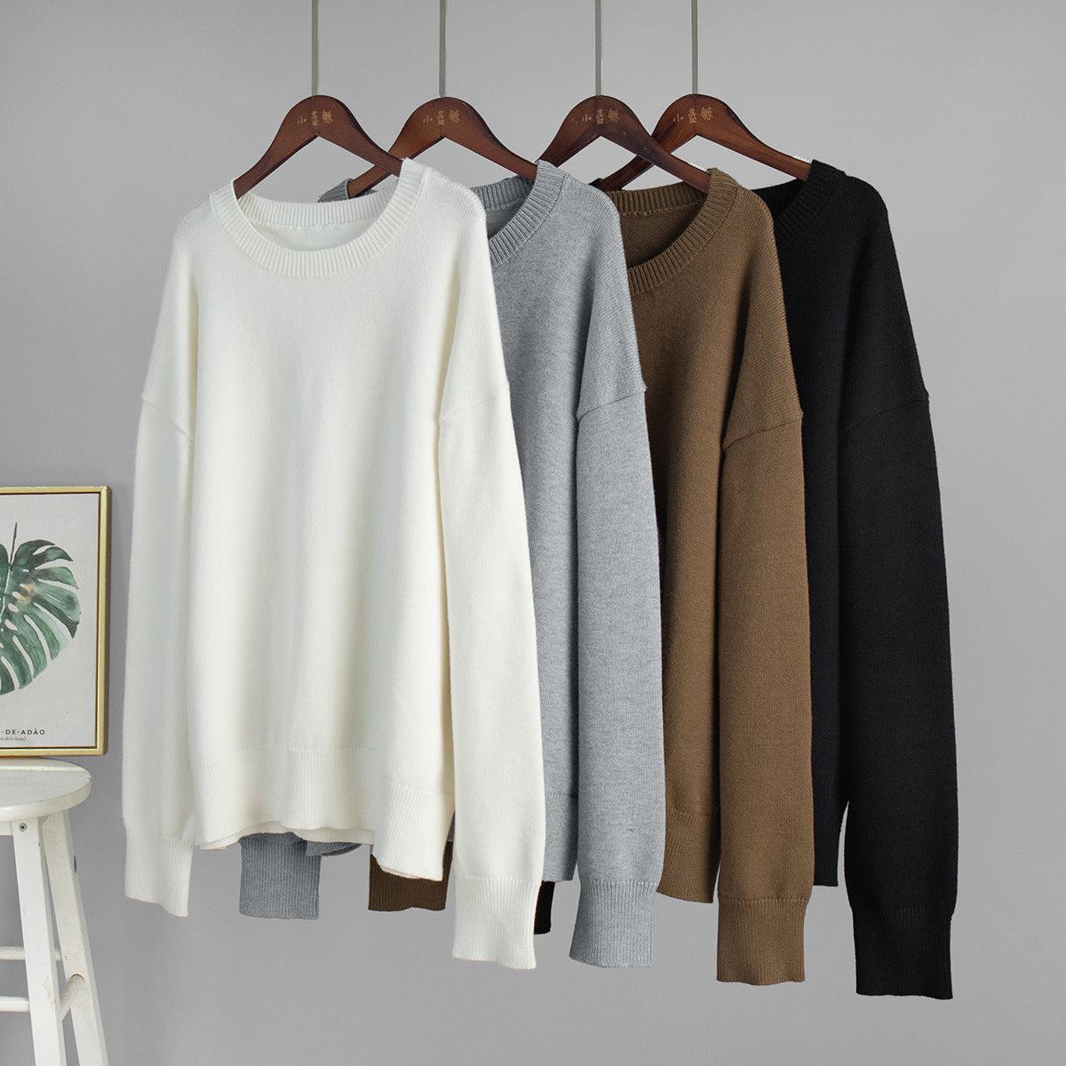 Round Neck Sweater Women Autumn Winter Loose Pullover Sweater Simple Solid Color Sweater - Iyanka