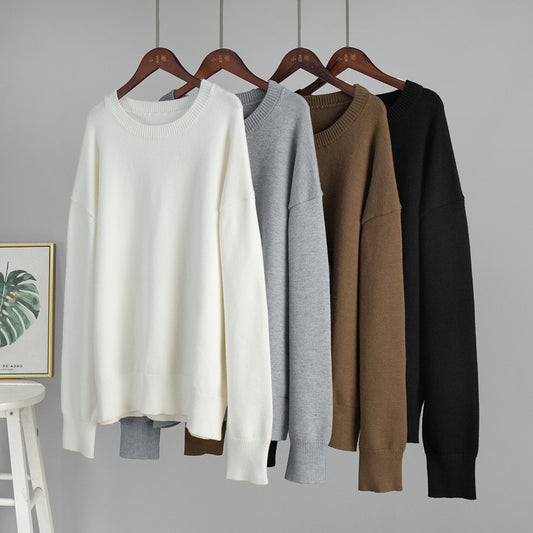 Round Neck Sweater Women Autumn Winter Loose Pullover Sweater Simple Solid Color Sweater - Iyanka