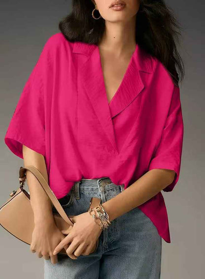 Women’s Summer Short Sleeve Collared Casual Loose Top – Solid Shirt