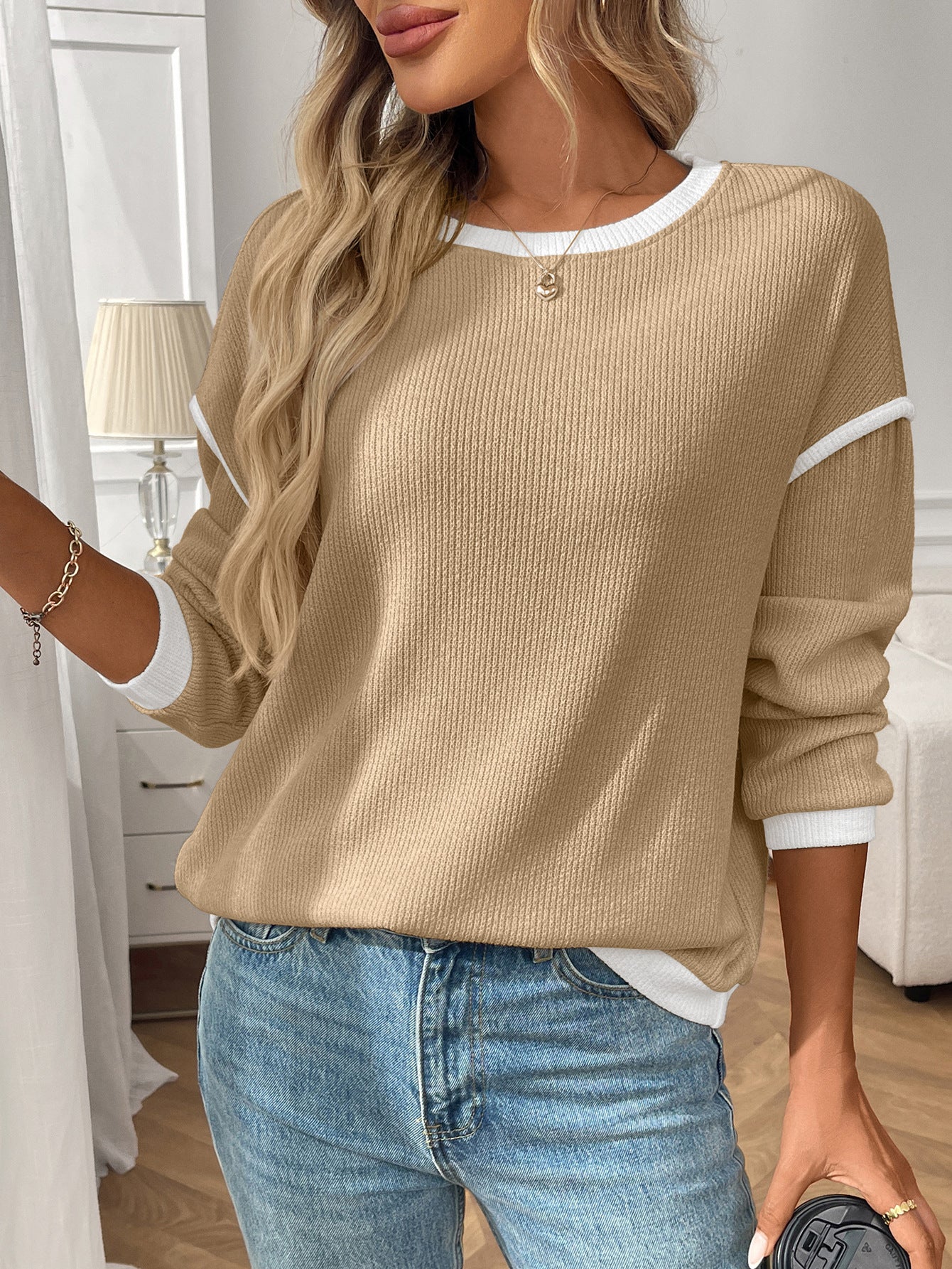 Autumn Winter Women Clothing round Neck Imitation Sweater Long Sleeve Loose Multicolor Top - Iyanka