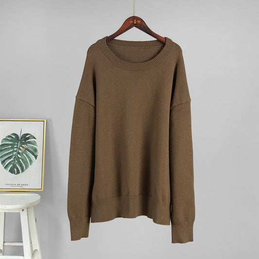 Round Neck Sweater Women Autumn Winter Loose Pullover Sweater Simple Solid Color Sweater - Iyanka
