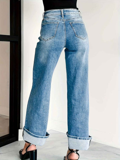 Women Straight Wide Leg Pants with Curling Denim Trousers