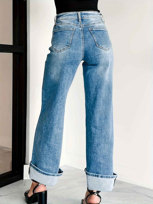 Women Straight Wide Leg Pants with Curling Denim Trousers