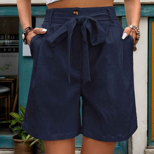 Women Clothes Casual Pants Women Tied Elastic Waist Solid Color Fifth Pants Office Wide Leg Shorts
