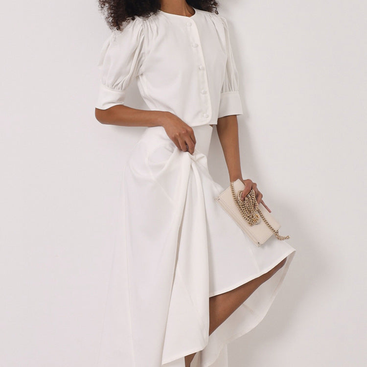 Women Clothing Satin High Grade Skirt Set round Neck Short Sleeve Cardigan Top Elegant Two Piece Set - Iyanka