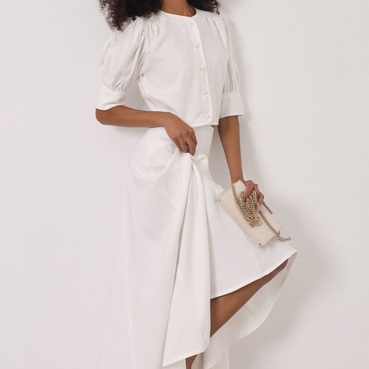 Women Clothing Satin High Grade Skirt Set round Neck Short Sleeve Cardigan Top Elegant Two Piece Set - Iyanka