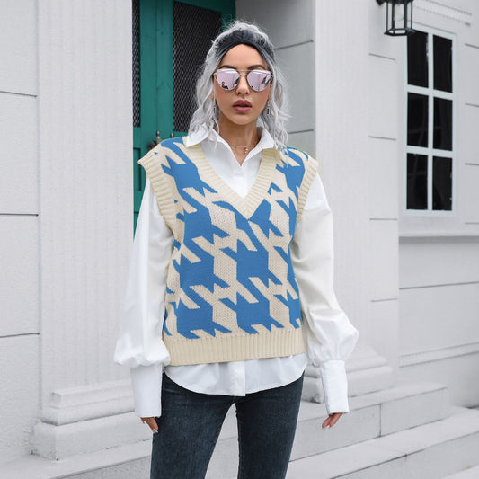 Houndstooth V-neck Vest Sweater Women Vest Outer Wear Inner Wear Autumn Winter Knitwear Sweater Boucle - Iyanka