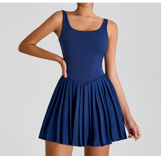 Sleeveless Sports Yoga Dress Fitness Faux Two Pieces Anti Wardrobe Malfunction Base Pockets Draped Dress Running Tennis Dress Women - Iyanka