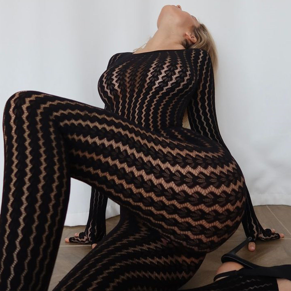 Sexy See through Summer Perspective Jumpsuit Seamless Striped Jacquard One Piece Long Sleeves One Piece Trousers - Iyanka
