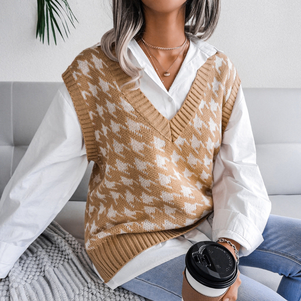 Autumn Winter V-neck Houndstooth Casual Loose Knitted Vest Sweater Waistcoat Women Clothing - Iyanka