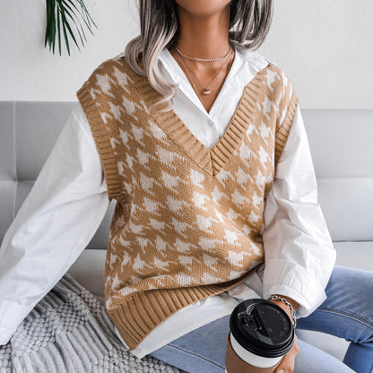 Autumn Winter V-neck Houndstooth Casual Loose Knitted Vest Sweater Waistcoat Women Clothing - Iyanka