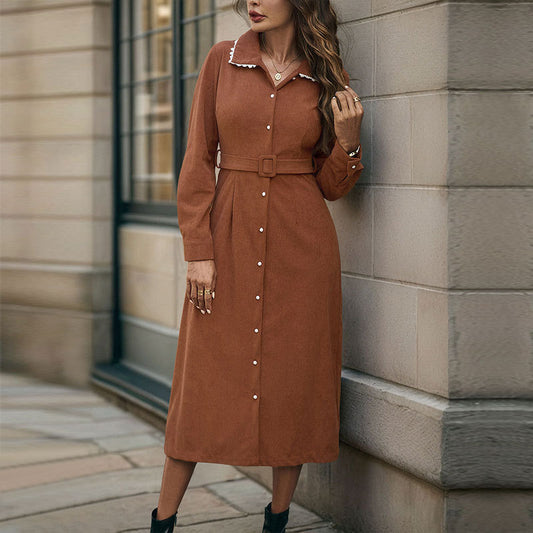 Casual Elegant Retro Lace Collared Shirt Corduroy Dress